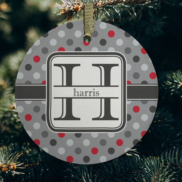 Red & Gray Polka Dots Frosted Glass Ornament - Round (Lifestyle)