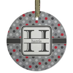 Red & Gray Polka Dots Flat Glass Ornament - Round w/ Name and Initial