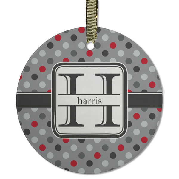 Custom Red & Gray Polka Dots Flat Glass Ornament - Round w/ Name and Initial
