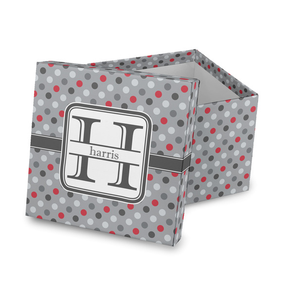 Custom Red & Gray Polka Dots Gift Box with Lid - Canvas Wrapped (Personalized)