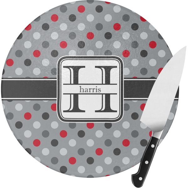 Custom Red & Gray Polka Dots Round Glass Cutting Board - Medium (Personalized)