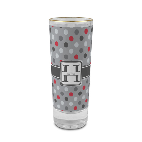 Custom Red & Gray Polka Dots 2 oz Shot Glass - Glass with Gold Rim (Personalized)