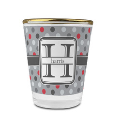 Red & Gray Polka Dots Glass Shot Glass - 1.5 oz - with Gold Rim - Single (Personalized)