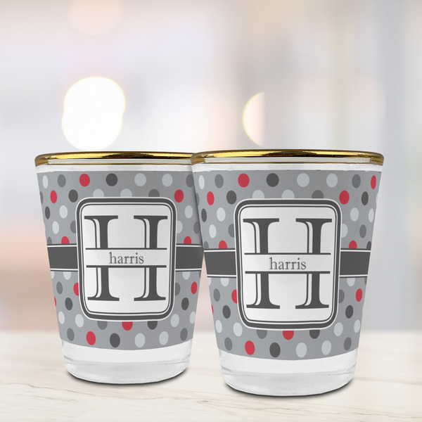 Red & Gray Polka Dots Glass Shot Glass - with gold rim - LIFESTYLE