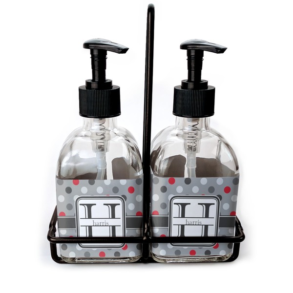 Custom Red & Gray Polka Dots Glass Soap & Lotion Bottles (Personalized)