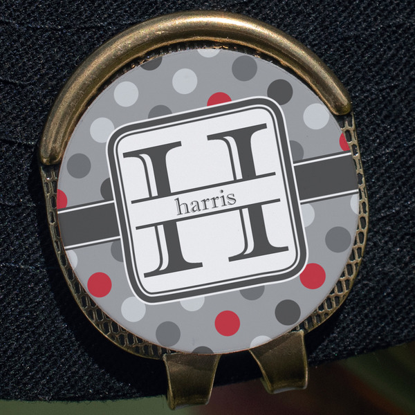 Red & Gray Polka Dots Golf Ball Marker Hat Clip - Gold - Close Up