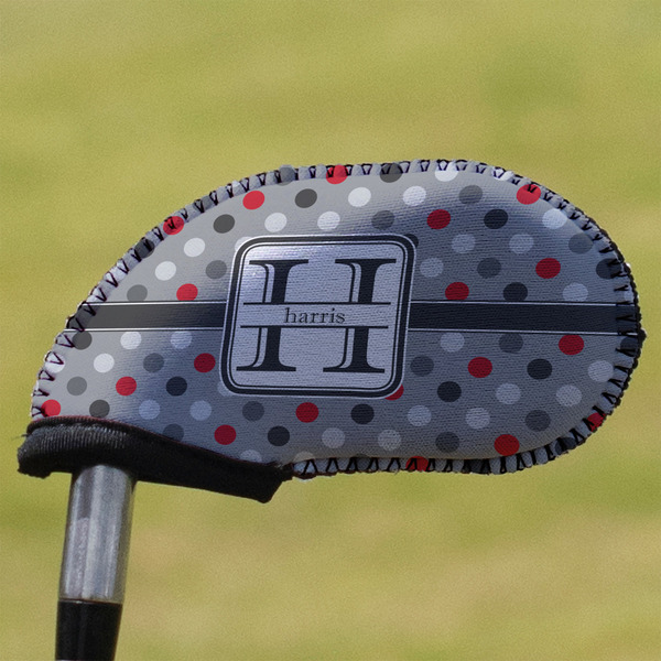 Custom Red & Gray Polka Dots Golf Club Iron Cover (Personalized)