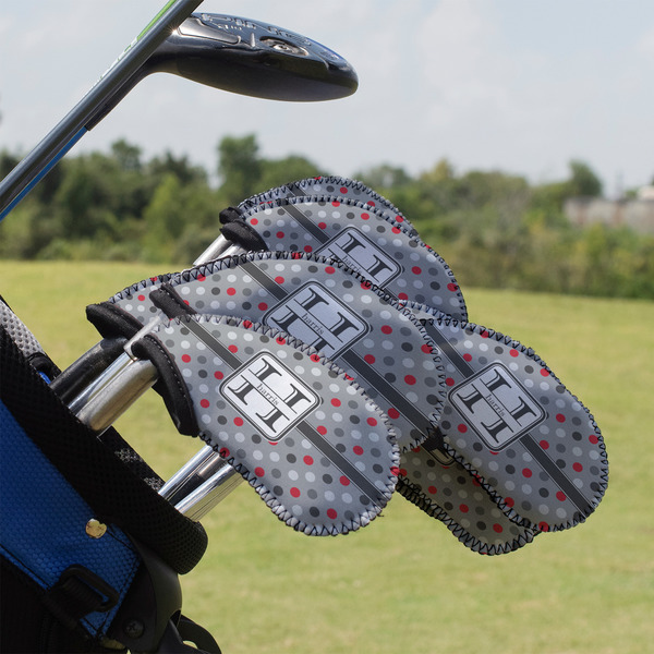 Custom Red & Gray Polka Dots Golf Club Iron Cover - Set of 9 (Personalized)