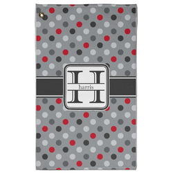 Red & Gray Polka Dots Golf Towel - Poly-Cotton Blend - Large w/ Name and Initial