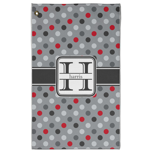 Custom Red & Gray Polka Dots Golf Towel - Poly-Cotton Blend - Large w/ Name and Initial