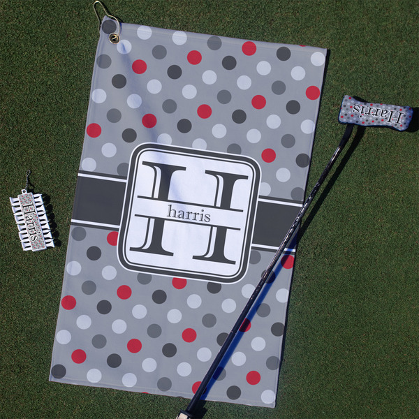 Custom Red & Gray Polka Dots Golf Towel Gift Set (Personalized)