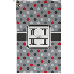 Red & Gray Polka Dots Golf Towel - Poly-Cotton Blend - Small w/ Name and Initial