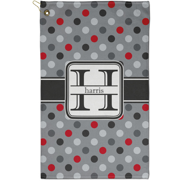 Custom Red & Gray Polka Dots Golf Towel - Poly-Cotton Blend - Small w/ Name and Initial