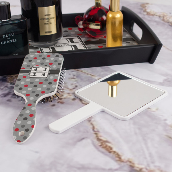 Red & Gray Polka Dots Hair Brush - With Hand Mirror