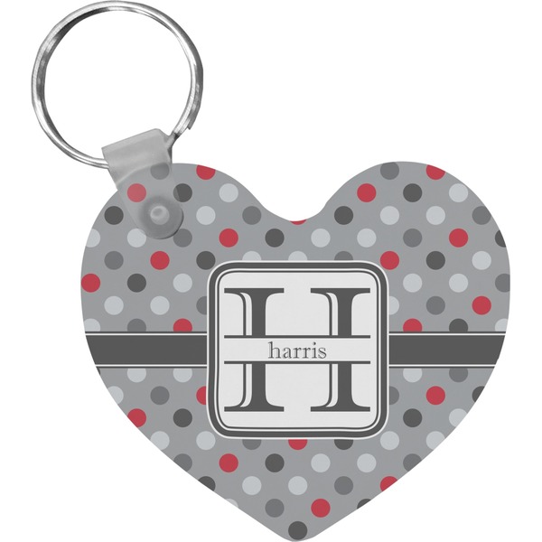 Custom Red & Gray Polka Dots Heart Plastic Keychain w/ Name and Initial
