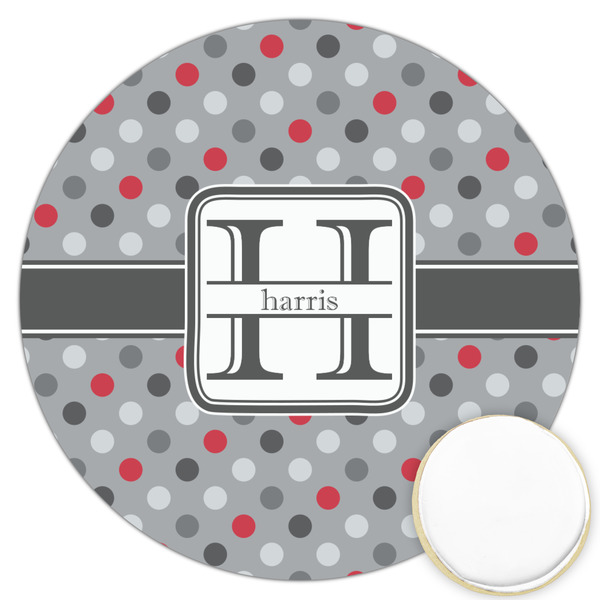 Custom Red & Gray Polka Dots Printed Cookie Topper - 3.25" (Personalized)