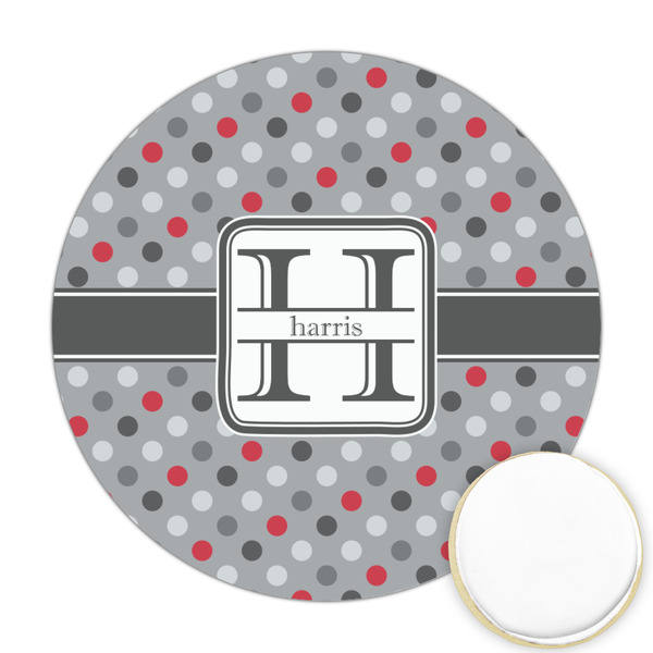 Custom Red & Gray Polka Dots Printed Cookie Topper - 2.5" (Personalized)