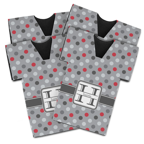 Custom Red & Gray Polka Dots Jersey Bottle Cooler - Set of 4 (Personalized)