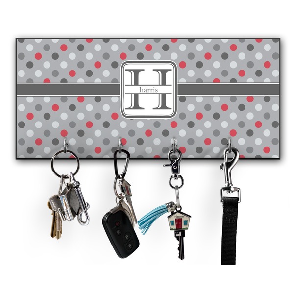 Custom Red & Gray Polka Dots Key Hanger w/ 4 Hooks w/ Name and Initial