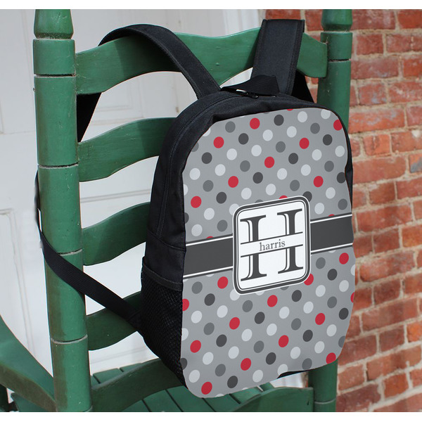 Red & Gray Polka Dots Kids Backpack - In Context