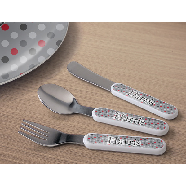 Red & Gray Polka Dots Kids Flatware w/ Plate