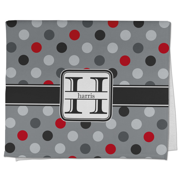 Custom Red & Gray Polka Dots Kitchen Towel - Poly Cotton w/ Name and Initial