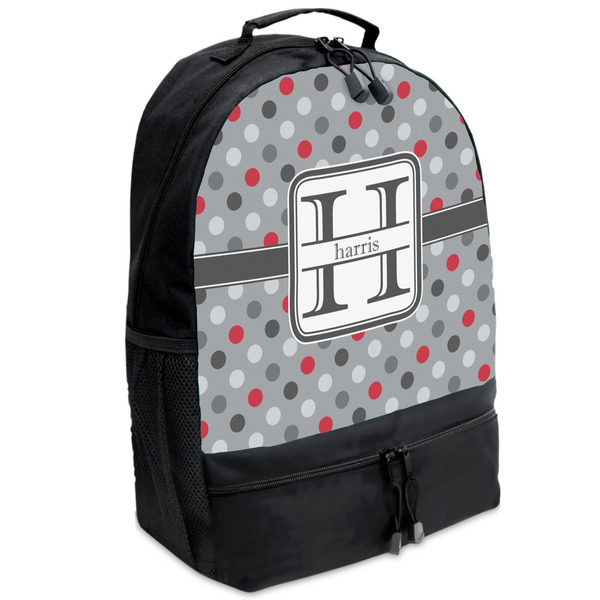 Custom Red & Gray Polka Dots Backpacks - Black (Personalized)
