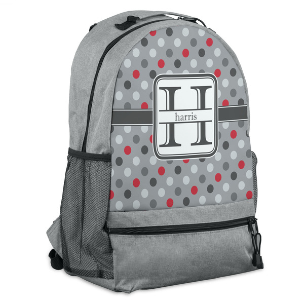 Custom Red & Gray Polka Dots Backpack - Grey (Personalized)