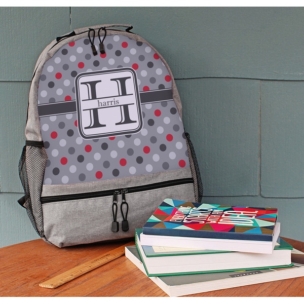 Red & Gray Polka Dots Large Backpack - Gray - On Desk