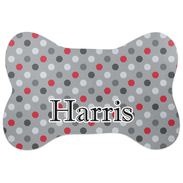 Custom Red & Gray Polka Dots Bone Shaped Dog Food Mat (Personalized)
