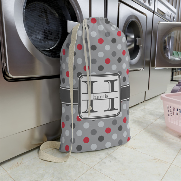 Red & Gray Polka Dots Large Laundry Bag - In Context