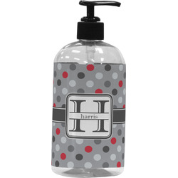 Red & Gray Polka Dots Plastic Soap / Lotion Dispenser (16 oz - Large - Black) (Personalized)