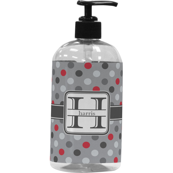 Custom Red & Gray Polka Dots Plastic Soap / Lotion Dispenser (16 oz - Large - Black) (Personalized)