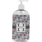 Red & Gray Polka Dots Plastic Soap / Lotion Dispenser (16 oz - Large - White) (Personalized)
