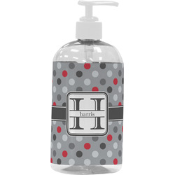 Red & Gray Polka Dots Plastic Soap / Lotion Dispenser (16 oz - Large - White) (Personalized)