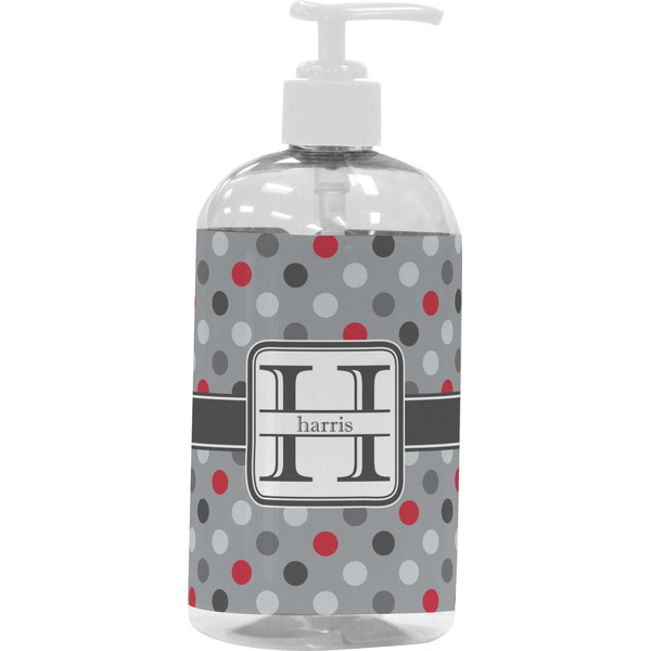 Custom Red & Gray Polka Dots Plastic Soap / Lotion Dispenser (16 oz - Large - White) (Personalized)