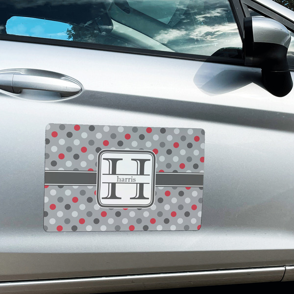 Red & Gray Polka Dots Large Rectangle Car Magnets- In Context