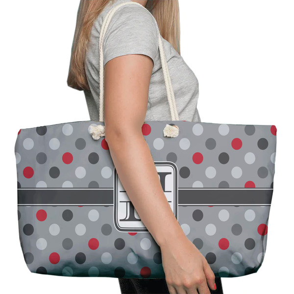 Red & Gray Polka Dots Large Rope Tote Bag - In Context View
