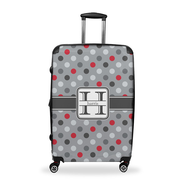 Custom Red & Gray Polka Dots Suitcase - 28" Large - Checked w/ Name and Initial