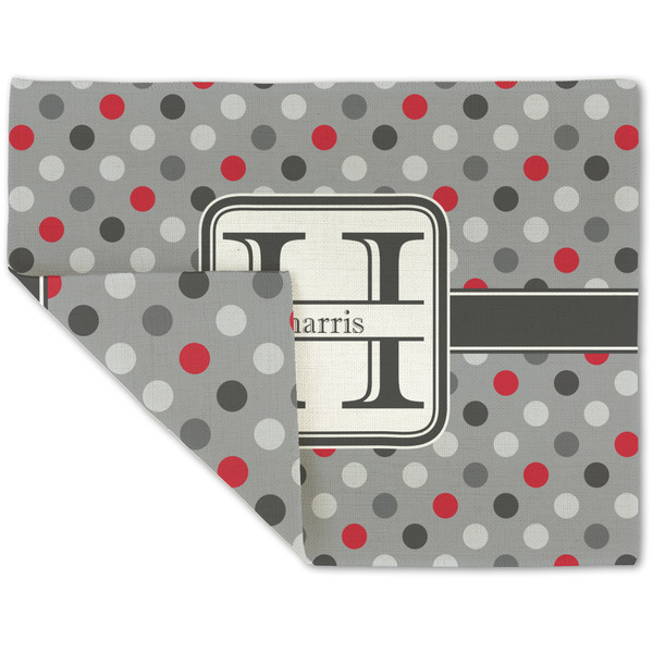 Custom Red & Gray Polka Dots Double-Sided Linen Placemat - Single w/ Name and Initial