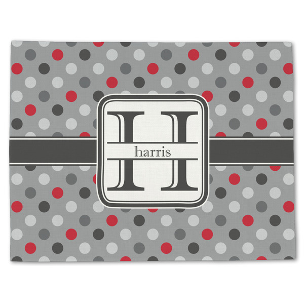 Custom Red & Gray Polka Dots Single-Sided Linen Placemat - Single w/ Name and Initial