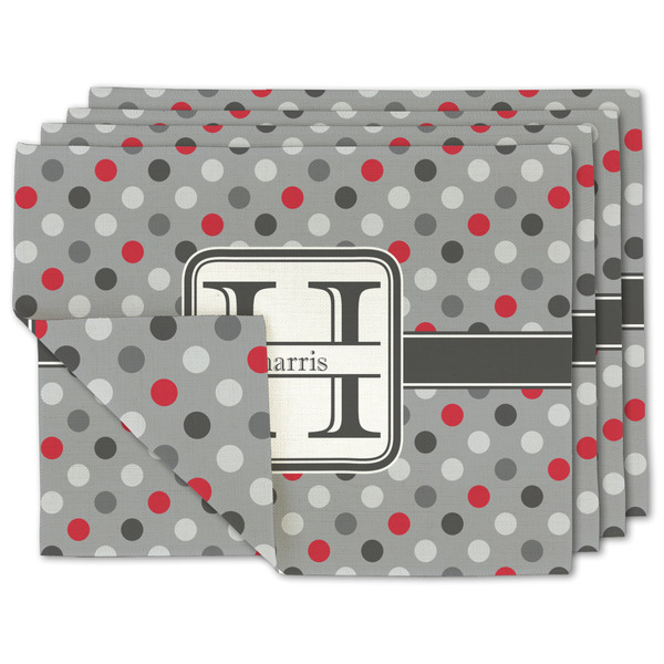 Custom Red & Gray Polka Dots Linen Placemat w/ Name and Initial