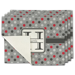 Red & Gray Polka Dots Single-Sided Linen Placemat - Set of 4 w/ Name and Initial