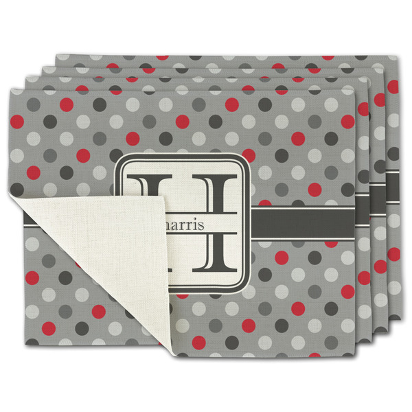 Custom Red & Gray Polka Dots Single-Sided Linen Placemat - Set of 4 w/ Name and Initial