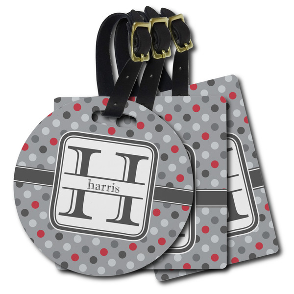 Custom Red & Gray Polka Dots Plastic Luggage Tag (Personalized)