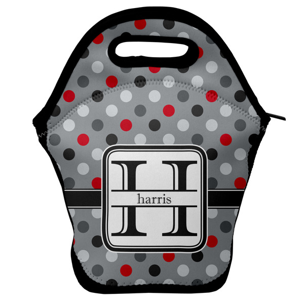Custom Red & Gray Polka Dots Lunch Bag w/ Name and Initial