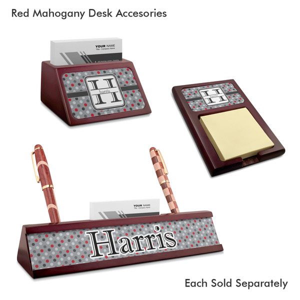 Red & Gray Polka Dots Mahogany Desk Accessories