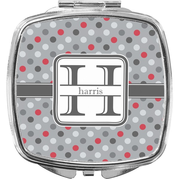 Custom Red & Gray Polka Dots Compact Makeup Mirror (Personalized)