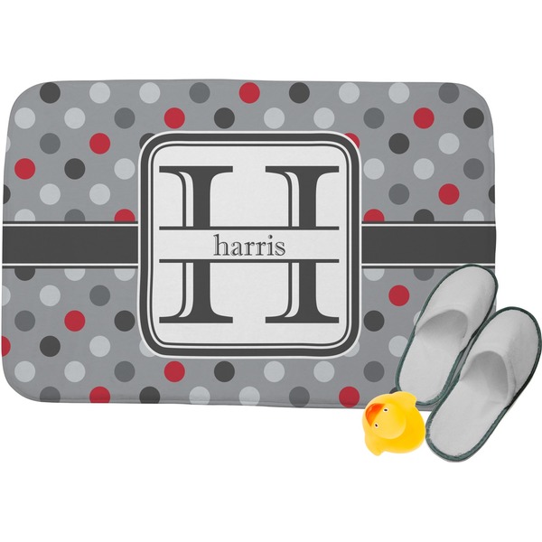 Custom Red & Gray Polka Dots Memory Foam Bath Mat - 24"x17" (Personalized)