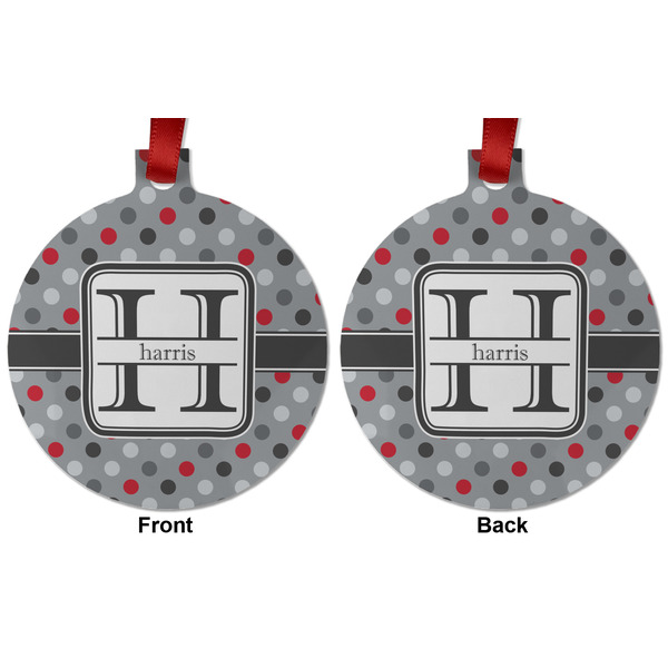 Red & Gray Polka Dots Metal Ball Ornament - Front and Back